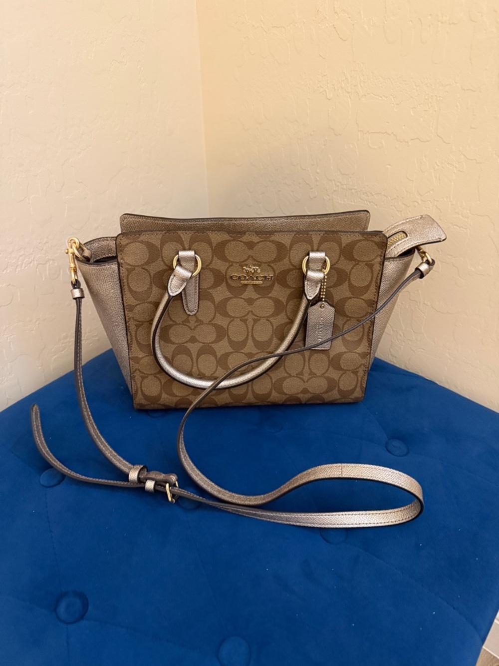 Coach Brown Signature Crossbody Tote with Metallic Accents